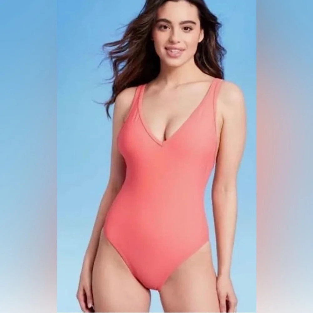 Kona Sol Women's Plus Size V-Neck Over The Shoulder High Leg One Piece Swimsuit